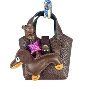 Mini Leather Bag For AirPods Case  With Tiny Dachshund As Decor Brown Set.